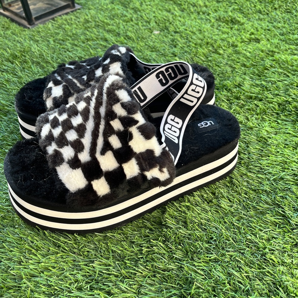 UGG Black and White Fuzzy Platform Sandals